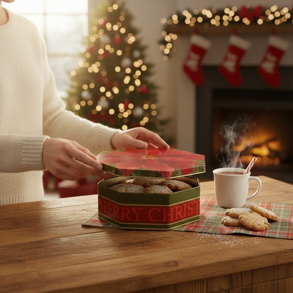 Winterhill Studios Christmas Tin Unisex OS Red NWOT Poinsettia Octagon